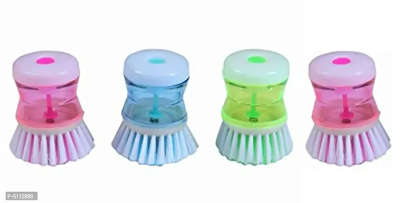 Smiling Cart Mini Dish/Washbasin Plastic Cleaning Brush with Liquid Soap Dispenser, Multicolor- 4 Pieces