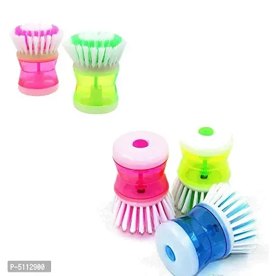 Smiling Cart Mini Dish/Washbasin Plastic Cleaning Brush with Liquid Soap Dispenser, Multicolor- 5 Pieces