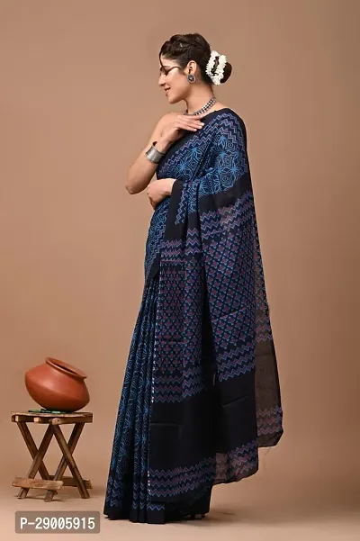 Ananta navy blue bagru printed cotton blend Saari-thumb0