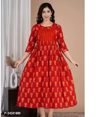 Elegant Red Cotton Printed Anarkali Kurta For Women-thumb0