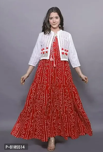 Diyansh Creations Bandhej Print Anarkali Ankle Length Plus Size Kurti/Gown with Schiffli Jacket-thumb2