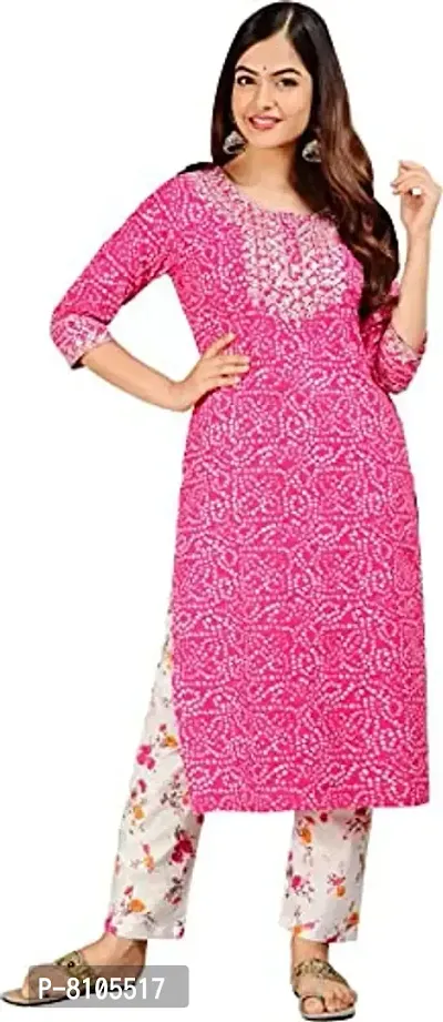 Diyansh Creations Beautiful Embroidered Pink Bandhej Kurti with Pant (Pink, Medium)-thumb0