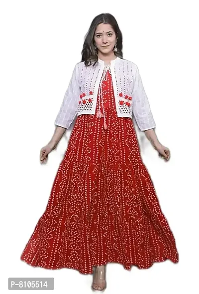 Diyansh Creations Bandhej Print Anarkali Ankle Length Plus Size Kurti/Gown with Schiffli Jacket-thumb0