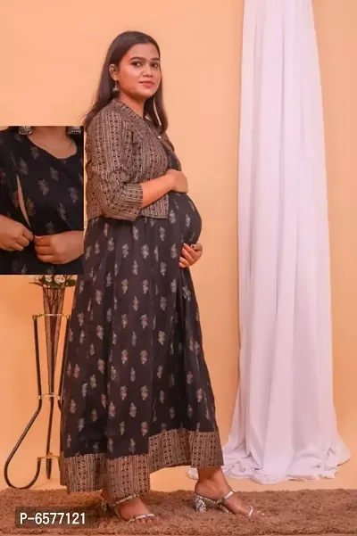 Trendy Maternity  Feeding Gown with Schiffli Jacket - BLACK