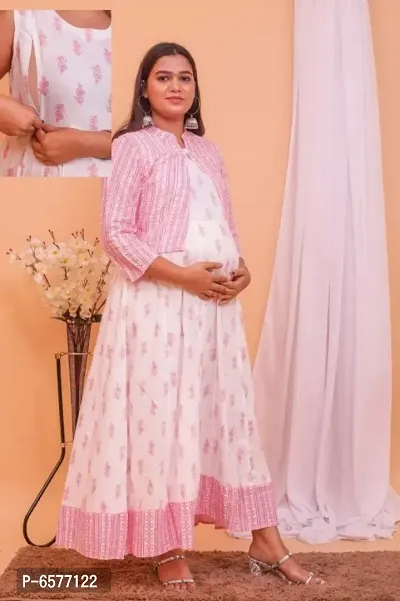 Trendy Maternity  Feeding Gown with Schiffli Jacket - PINK-thumb0