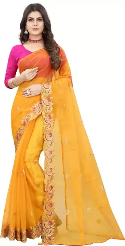 Net Embroidered Saree with Dupion Silk Blouse Piece