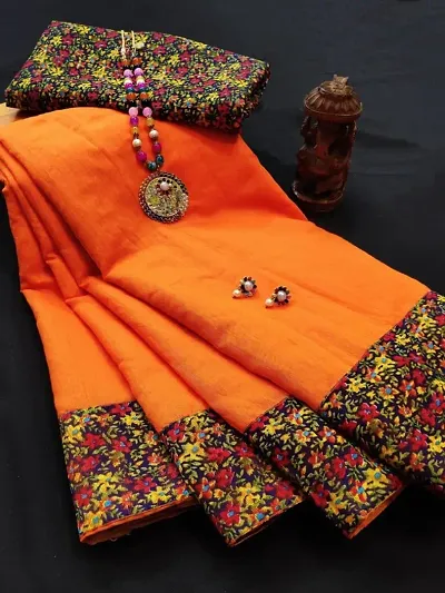 Stylish Chanderi Cotton Yellow Border Work Saree With Blouse Piece