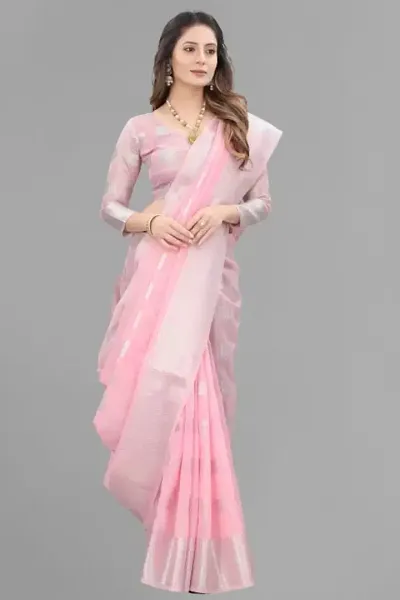 Soft Linen Silk Sliver Zari Woven Sarees With Blouse piece