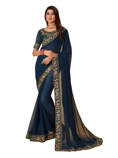 Georgette Embroidered Lace Border Sarees with Dupion Silk Embroidered Blouse Piece