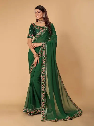 Georgette Embroidered Lace Border Sarees with Dupion Silk Embroidered Blouse Piece