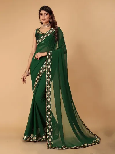 Georgette Embroidered Lace Border Sarees with Dupion Silk Embroidered Blouse Piece