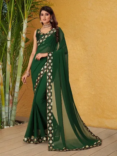 Georgette Embroidered Lace Border Sarees with Dupion Silk Embroidered Blouse Piece