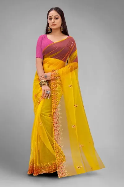 Partywear Net Embroidered Saree with Solid Dupion Silk Blouse Piece