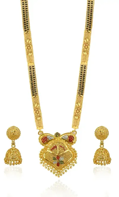 Traditional Brass Beads Work Mangalsutra Necklace With Pendant And Earrings Set For Women