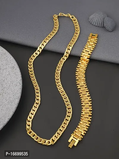 Gold plated Chain with Bracelet For Boys and Man Gold-plated Plated Alloy Chain Trendy Gold Plated Golden Chain Bracelet For Men /Boys ( 2 Piece )