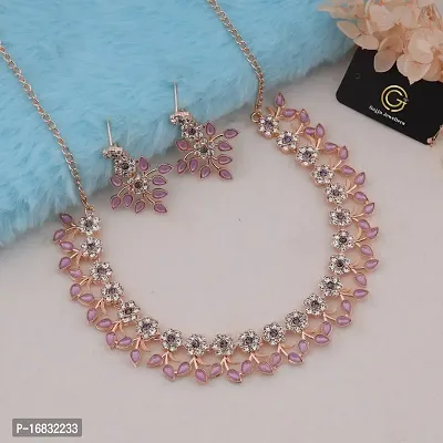 Pink Color Rose Gold Plated Crystal Necklace Jewellery Set with Earrings For Women And girls-thumb3