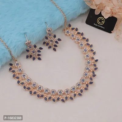 Blue Color Rose Gold Plated Crystal Necklace Jewellery Set with Earrings For Women And girls