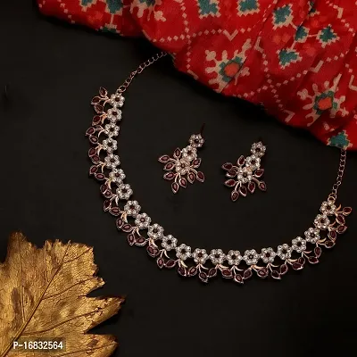 Maroon Color Rose Gold Plated Crystal Necklace Jewellery Set with Earrings For Women And girls