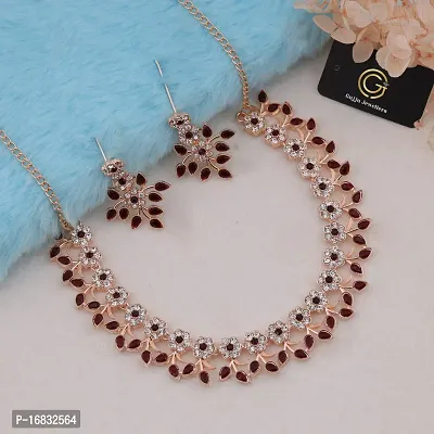 Maroon Color Rose Gold Plated Crystal Necklace Jewellery Set with Earrings For Women And girls-thumb2