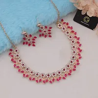 Pink Color Rose Gold Plated Crystal Necklace Jewellery Set with Earrings For Women And girls-thumb1