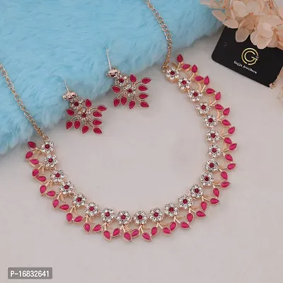 Pink Color Rose Gold Plated Crystal Necklace Jewellery Set with Earrings For Women And girls-thumb2