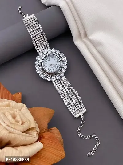 Designer Diamond Traditional Silver Watch For Girls