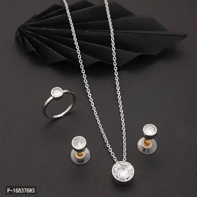 Silver Plated A Beautiful Chain Combo Of Chain earring and ring For Girls And Women With Pendent Chain-thumb0