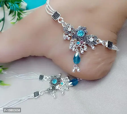 Fancy Silver Plated Sky Blue Stone And Pearl Payal (Anklet)