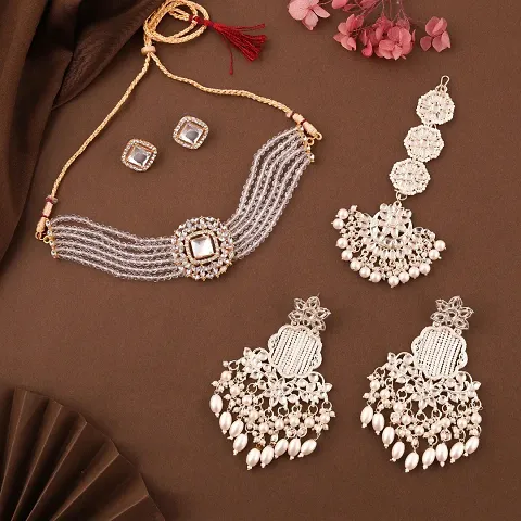 Combo Of 1 Choker Set With 2 Pair Of Earrings And Maang Tikka Set For Women.