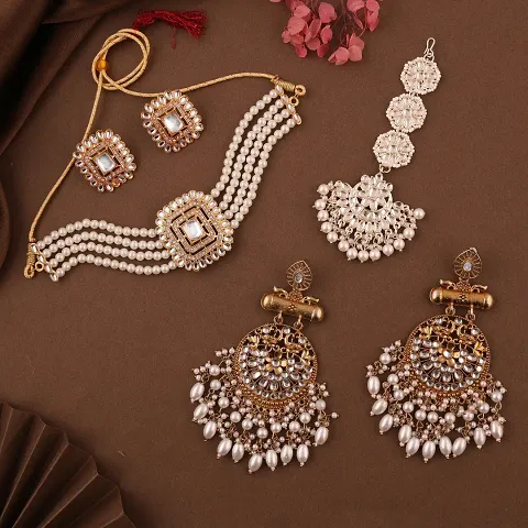 Combo Of 1 Choker Set With 2 Pair Of Earrings And Maang Tikka Set For Women.