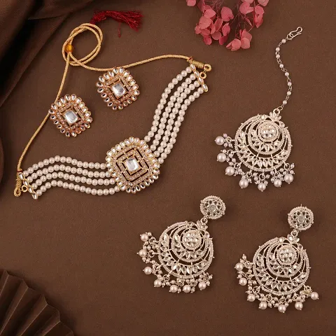 Combo Of 1 Choker Set With 2 Pair Of Earrings And Maang Tikka Set For Women.