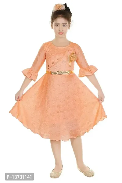 Nickys Disegno Girls Midi/Knee Length Festive Party Dress (6-7 Years, Peach)