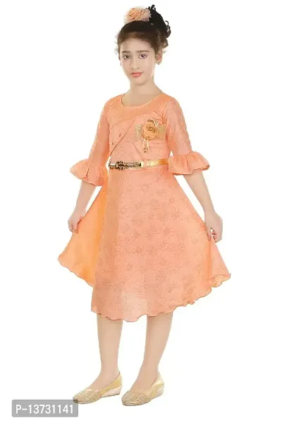 Nickys Disegno Girls Midi/Knee Length Festive Party Dress (6-7 Years, Peach)-thumb3