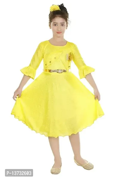Nickys Disegno Girls Midi/Knee Length Festive Party Dress (9-10 Years, Yellow)