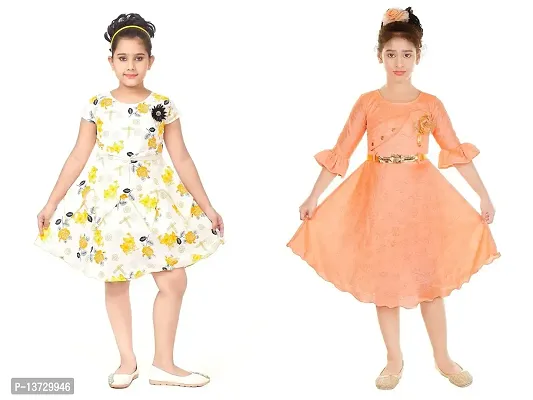 Nickys Disegno Girls Midi/Knee Length/Festive/Party Dress Pack of 2. (2-3 Years, Yellow  Peach)