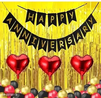 Happy Anniversary Decoration Kit With 20 Balloon-10 Red,10 Golden With 2 Golden Curtain,3 Red Foil Heart-thumb0