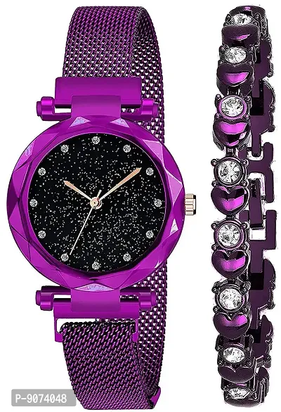 The Shopoholic Branded Analogue Diamond Black Dial Purple Magnet Watch with Gift Bracelet for Women Or Girls and Watch for Girl or Women (Combo of 3)-thumb5