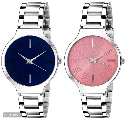 The Shopoholic Analogue Pink Blue Dial Silver Chain Strap Women's Watch Combo for Womens and Girls Pack of 2