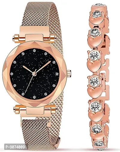 The Shopoholic Branded Analogue Diamond Black Dial Gold Magnet Watch with Gift Bracelet Combo for Women Or Girls and Watch for Girl or Women (Combo of 3)-thumb3