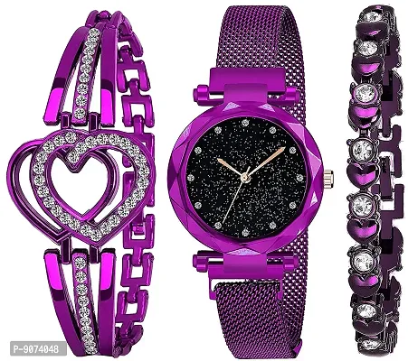 The Shopoholic Branded Analogue Diamond Black Dial Purple Magnet Watch with Gift Bracelet for Women Or Girls and Watch for Girl or Women (Combo of 3)-thumb0