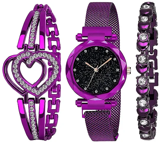 Motugaju Branded Analogue Diamond Butterfly Dial Magnet Watch With Gift Bracelet For Women Or Girls And Watch For Girl or Women (Combo of 3)