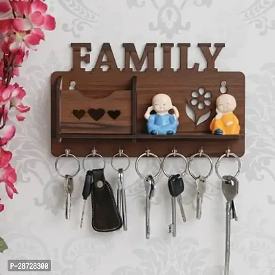 Stylish Wooden Family Design Mobile Pocket with Side Shelf Key Holder for Wall with 7 Hooks-thumb0