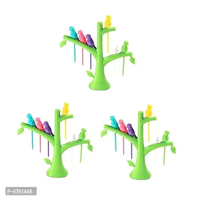 Fancy Plastic Bird Fork Set with Tree Shape Holder Rack (Pack of 3)