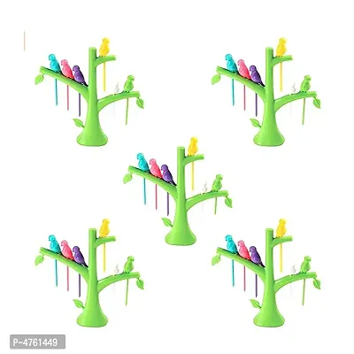 Fancy Plastic Bird Fork Set with Tree Shape Holder Rack (Pack of 5)