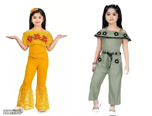 Elegant Cotton Blend Embroidered Jumpsuits For Girls- Pack Of 2