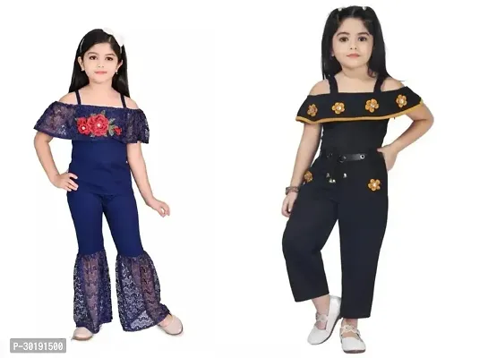 Elegant Cotton Blend Embroidered Jumpsuits For Girls- Pack Of 2