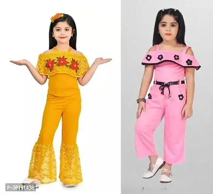 Elegant Cotton Blend Embroidered Jumpsuits For Girls- Pack Of 2-thumb0