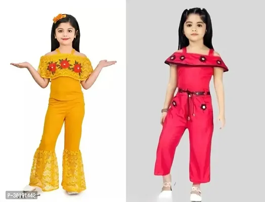 Elegant Cotton Blend Embroidered Jumpsuits For Girls- Pack Of 2-thumb0