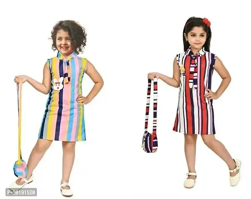 Elegant Cotton Blend Striped Dresses For Girls- Pack Of 2-thumb0