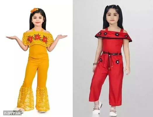 Elegant Cotton Blend Embroidered Jumpsuits For Girls- Pack Of 2-thumb0